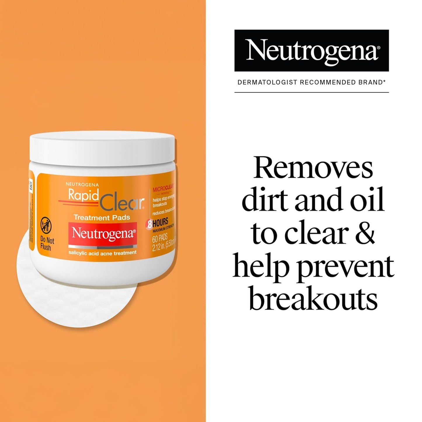 Neutrogena Rapid Clear Acne Treatment Pads with Salicylic Acid Facial Cleanser for Face Cleansing and Oil Removal, Helps Fight Pimples, 60 Count, Resealable Jar