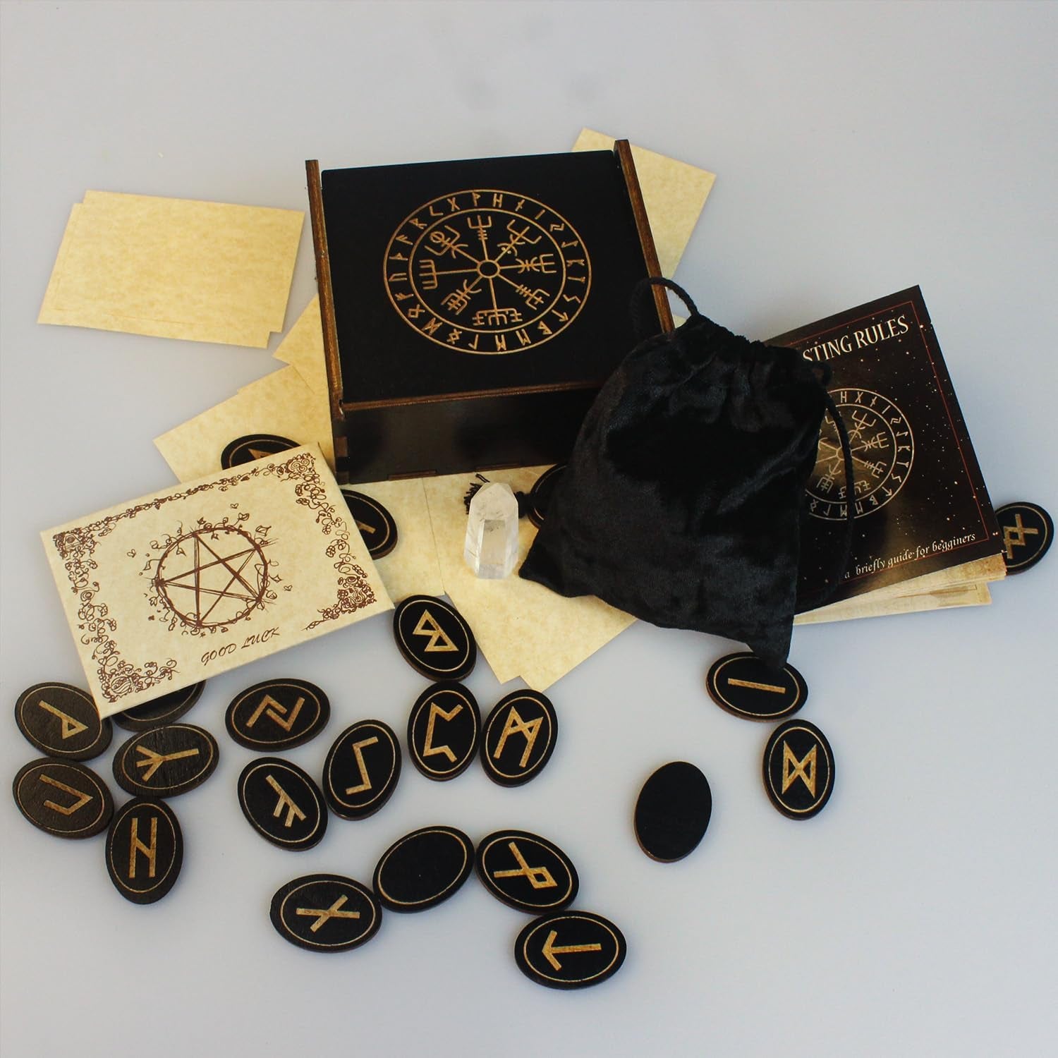 Runes, Wooden Runes Set with Guide Book, Healing Crystals, Ritual Paper, Tarot Bag, Witch Runa for Beginners, Witchcraft/Divination/Meditation/Spiritual