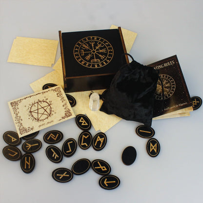 Runes, Wooden Runes Set with Guide Book, Healing Crystals, Ritual Paper, Tarot Bag, Witch Runa for Beginners, Witchcraft/Divination/Meditation/Spiritual