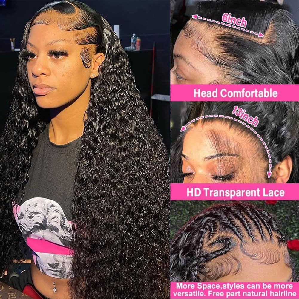 13X6 Deep Wave Lace Front Wigs Human Hair 220 Density Deep Curly Lace Front Wigs Human Hair Glueless Transparent Lace Frontal Wig for Women Pre Plucked with Baby Hair Natural Black (26 Inch)