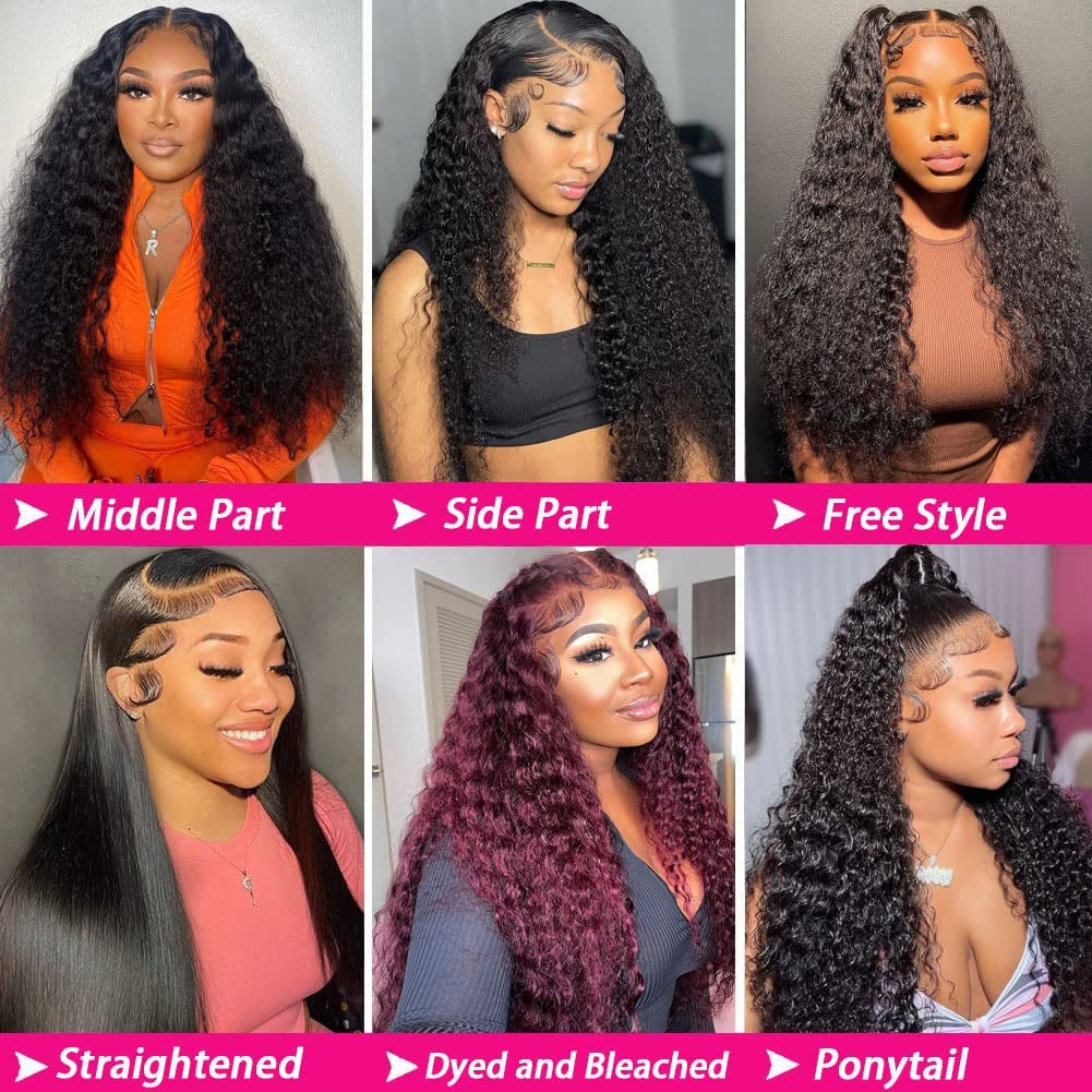 13X6 Deep Wave Lace Front Wigs Human Hair 220 Density Deep Curly Lace Front Wigs Human Hair Glueless Transparent Lace Frontal Wig for Women Pre Plucked with Baby Hair Natural Black (26 Inch)