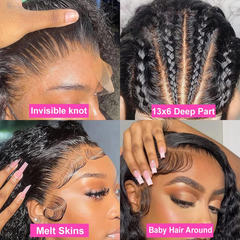 13X6 Deep Wave Lace Front Wigs Human Hair 220 Density Deep Curly Lace Front Wigs Human Hair Glueless Transparent Lace Frontal Wig for Women Pre Plucked with Baby Hair Natural Black (26 Inch)