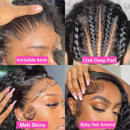 13X6 Deep Wave Lace Front Wigs Human Hair 220 Density Deep Curly Lace Front Wigs Human Hair Glueless Transparent Lace Frontal Wig for Women Pre Plucked with Baby Hair Natural Black (26 Inch)