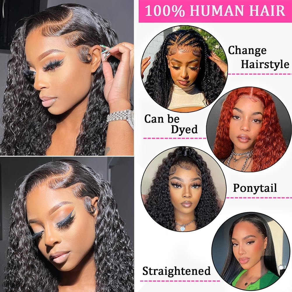 13X6 Deep Wave Lace Front Wigs Human Hair 220 Density Deep Curly Lace Front Wigs Human Hair Glueless Transparent Lace Frontal Wig for Women Pre Plucked with Baby Hair Natural Black (26 Inch)