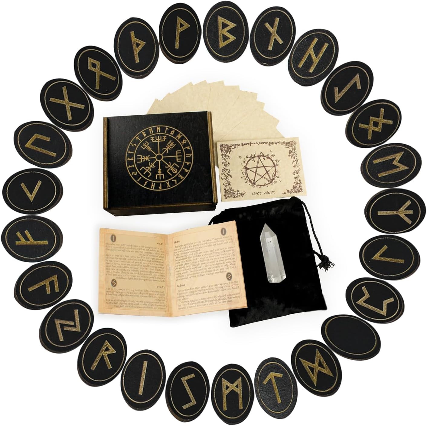 Runes, Wooden Runes Set with Guide Book, Healing Crystals, Ritual Paper, Tarot Bag, Witch Runa for Beginners, Witchcraft/Divination/Meditation/Spiritual