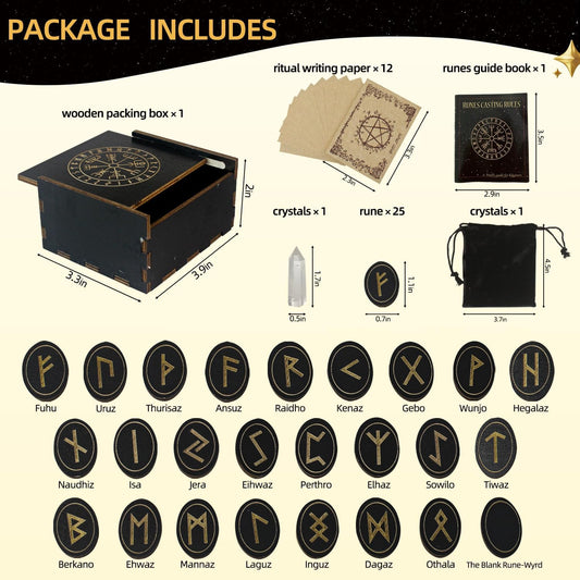 Runes, Wooden Runes Set with Guide Book, Healing Crystals, Ritual Paper, Tarot Bag, Witch Runa for Beginners, Witchcraft/Divination/Meditation/Spiritual