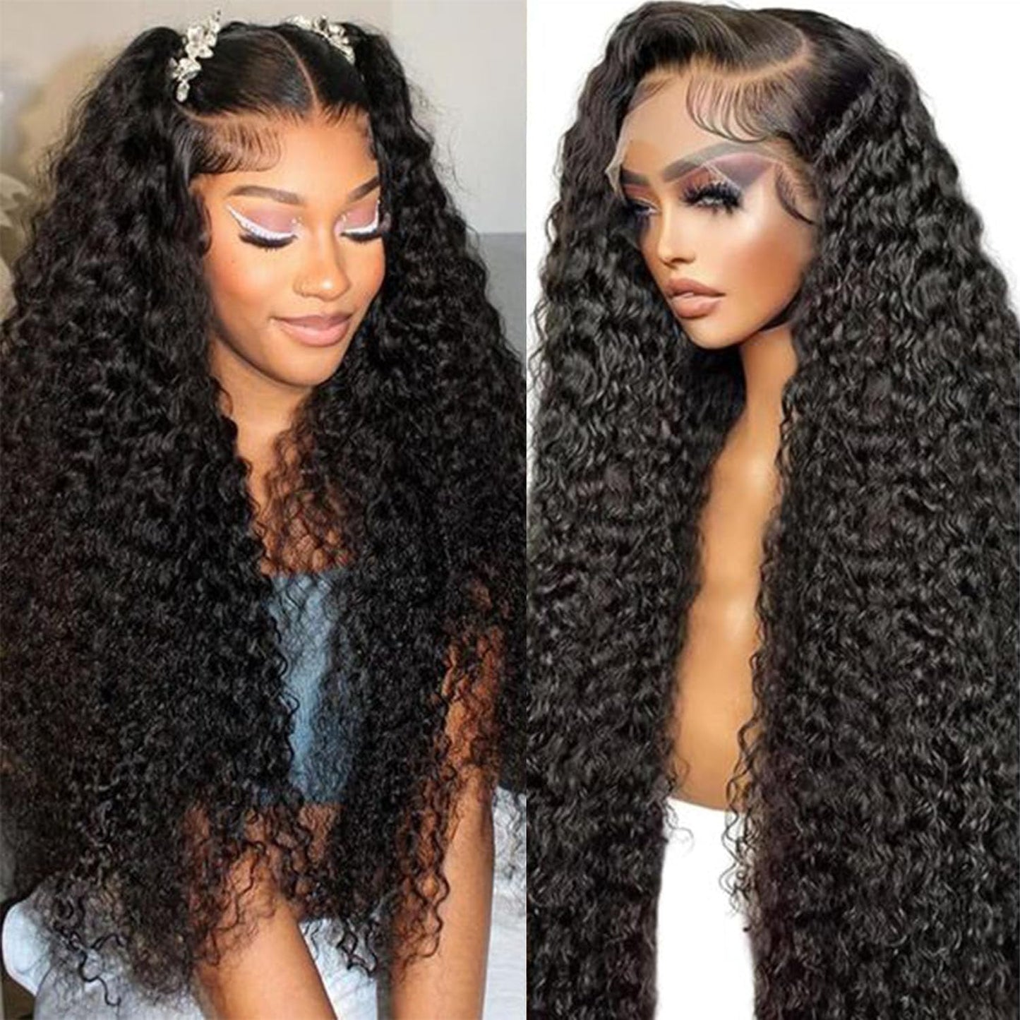 13X6 Deep Wave Lace Front Wigs Human Hair 220 Density Deep Curly Lace Front Wigs Human Hair Glueless Transparent Lace Frontal Wig for Women Pre Plucked with Baby Hair Natural Black (26 Inch)