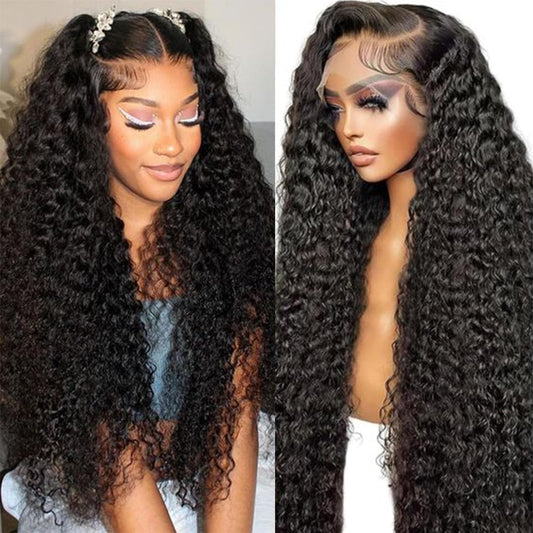 13X6 Deep Wave Lace Front Wigs Human Hair 220 Density Deep Curly Lace Front Wigs Human Hair Glueless Transparent Lace Frontal Wig for Women Pre Plucked with Baby Hair Natural Black (26 Inch)